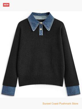 Oversized Button Up Denim Polo Pullover Sweater Tunic Top Long Sleeve